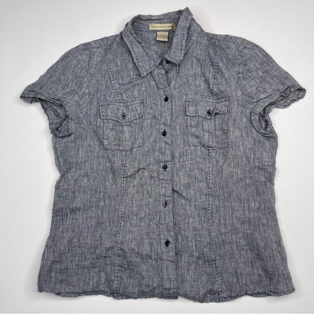 Ecologie Top Blouse 100% Linen Navy Blue Summer Spring Nautical Coastal Resort